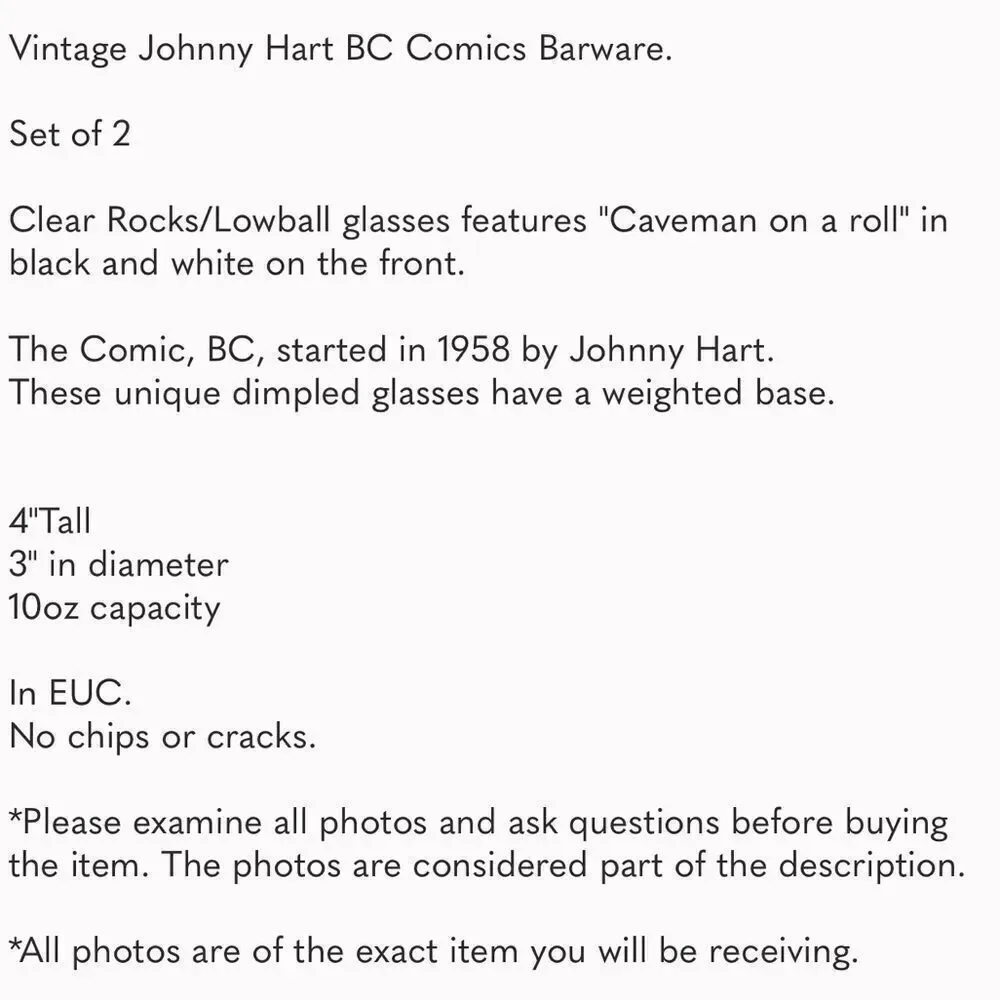 Vintage Johnny Hart BC Comics Caveman on A Roll Rocks Glasses Barware.
